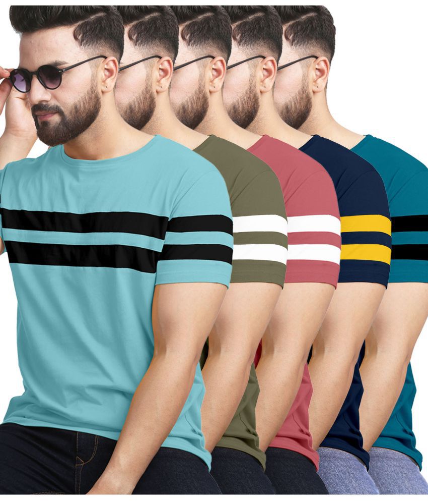     			AUSK Cotton Blend Regular Fit Striped Half Sleeves Men's T-Shirt - Olive ( Pack of 5 )