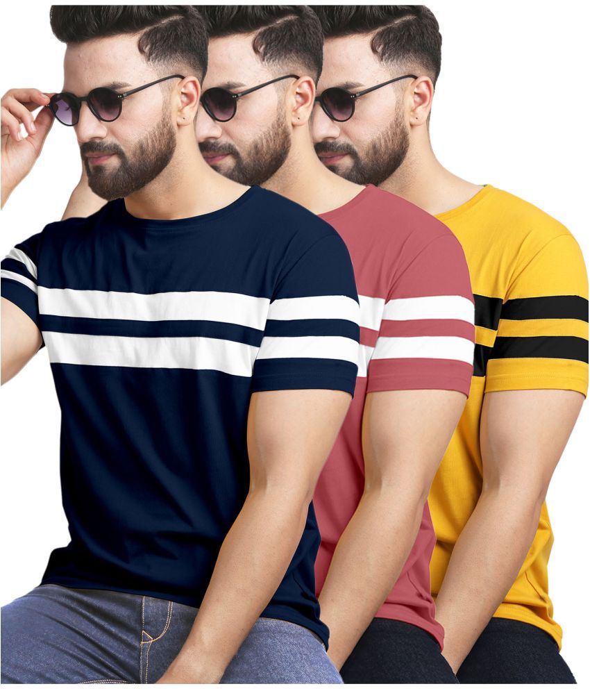     			AUSK Cotton Blend Regular Fit Striped Half Sleeves Men's T-Shirt - Peach ( Pack of 3 )