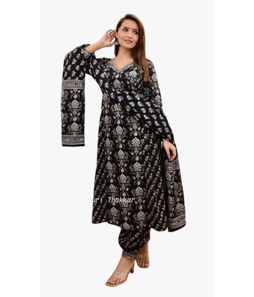     			HF WARD Cotton Printed Kurti With Pants Women's Stitched Salwar Suit - Black ( Pack of 1 )