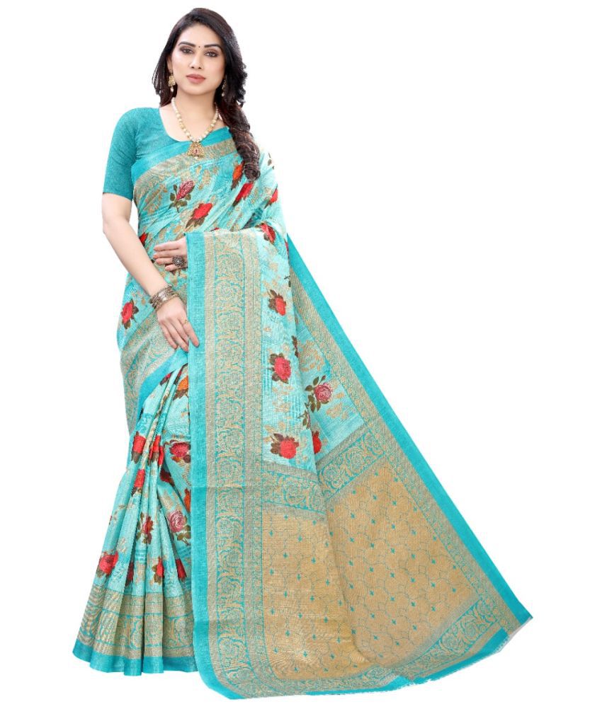     			Kanooda Prints Art Silk Printed Saree With Blouse Piece - Blue ( Pack of 1 )