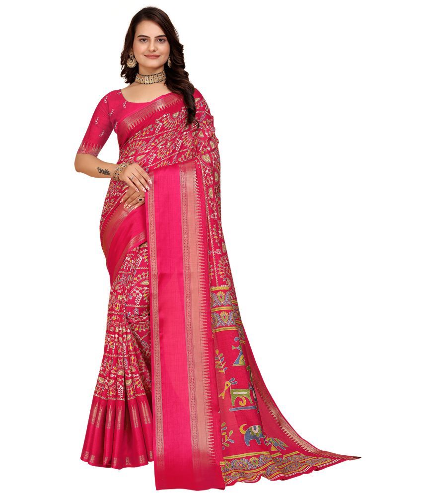     			Kanooda Prints Silk Printed Saree With Blouse Piece - Pink ( Pack of 1 )