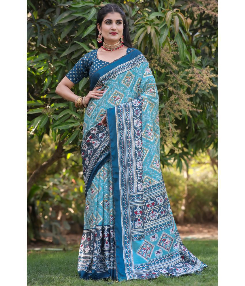     			Kanooda Prints Silk Printed Saree With Blouse Piece - Teal ( Pack of 1 )