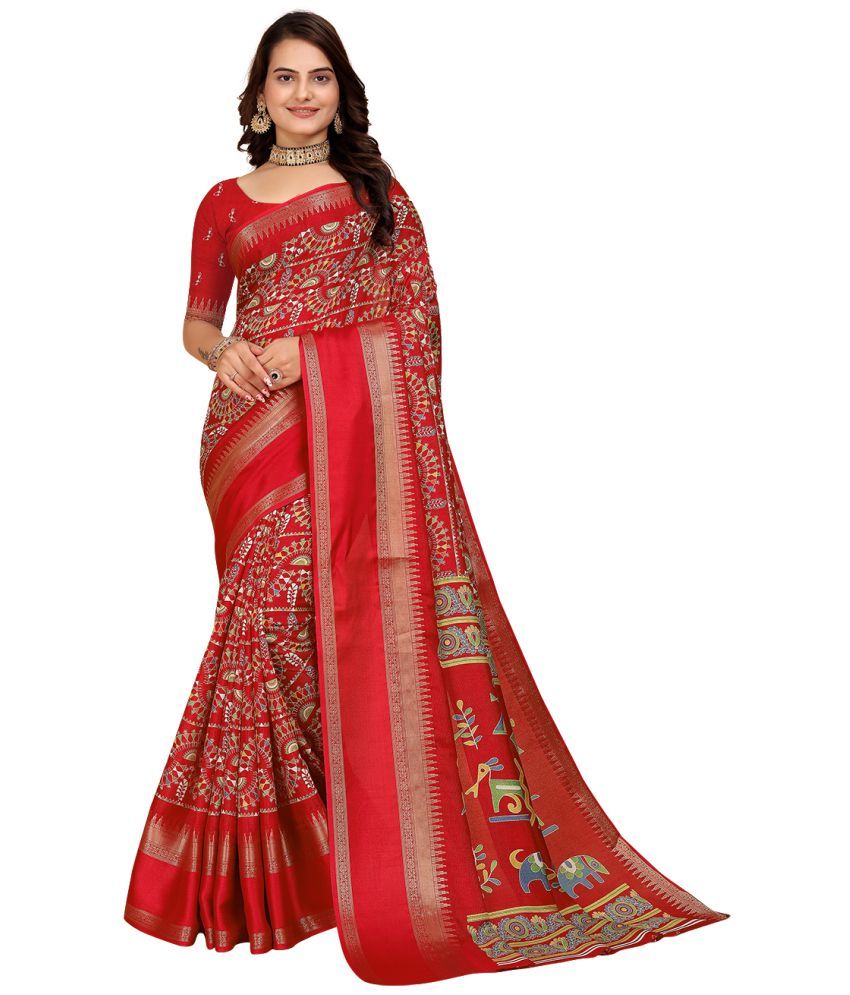     			Kanooda Prints Silk Printed Saree With Blouse Piece - Red ( Pack of 1 )