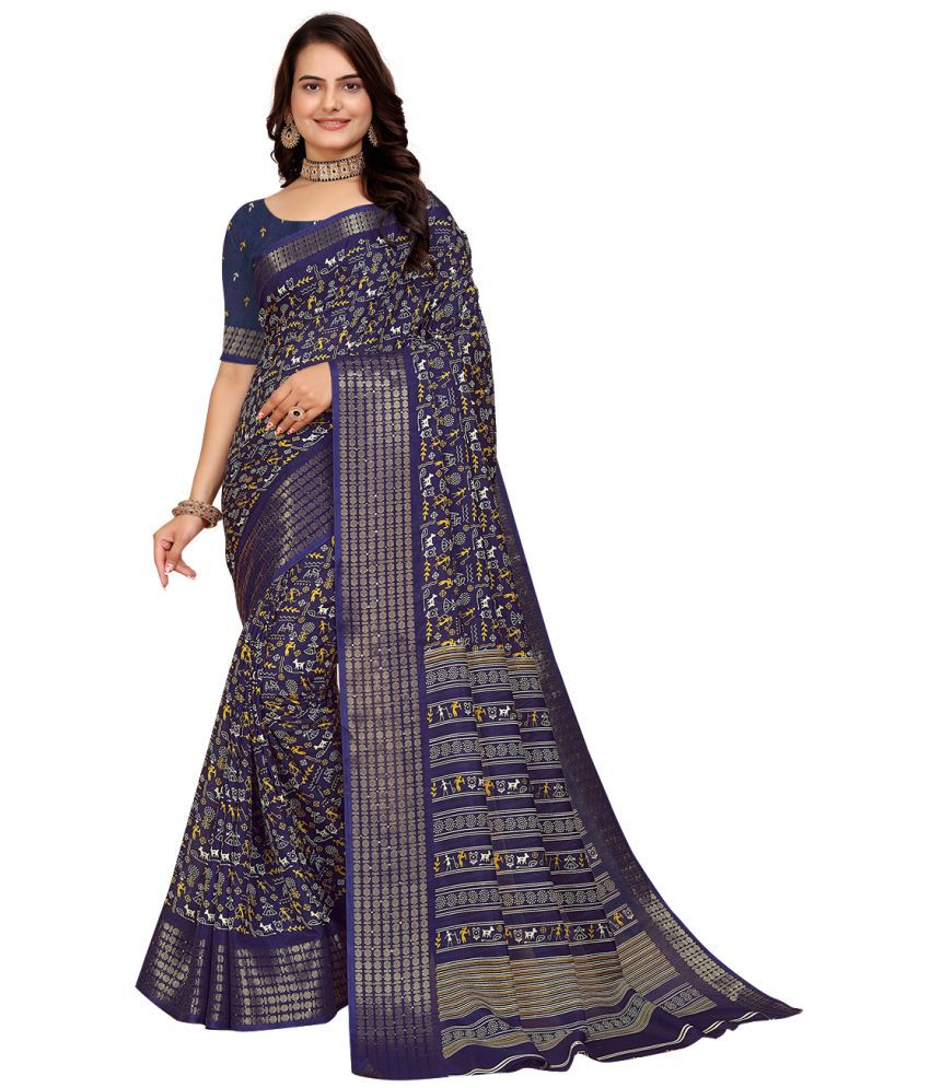     			Kanooda Prints Silk Printed Saree With Blouse Piece - Navy Blue ( Pack of 1 )