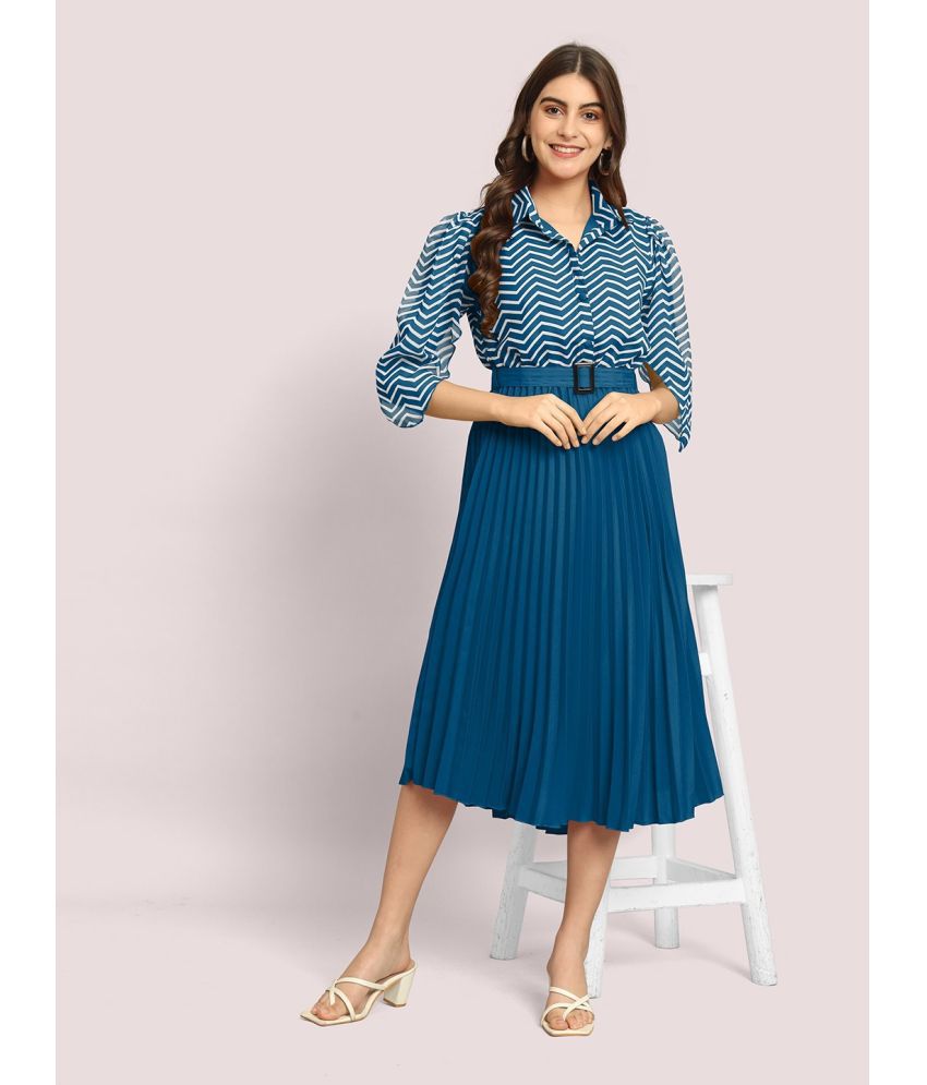     			Krunal Raiyani Polyester Printed Midi Women's Fit & Flare Dress - Blue ( Pack of 1 )