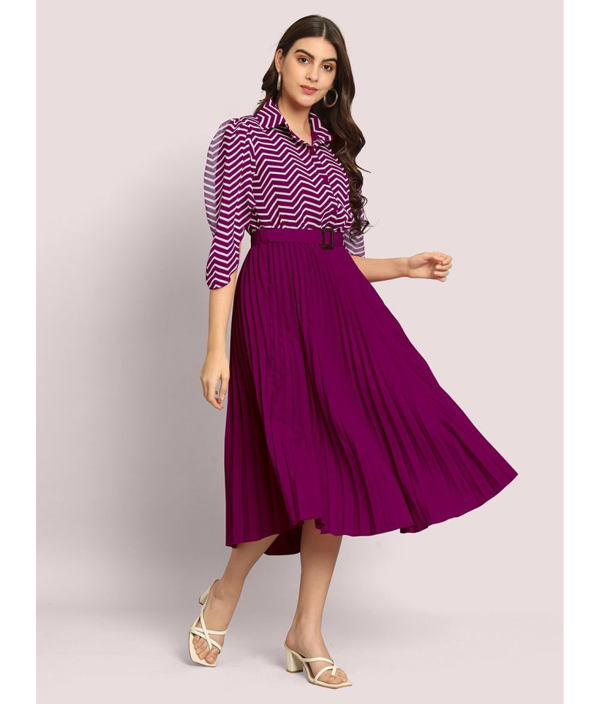     			Krunal Raiyani Polyester Printed Midi Women's Fit & Flare Dress - Purple ( Pack of 1 )