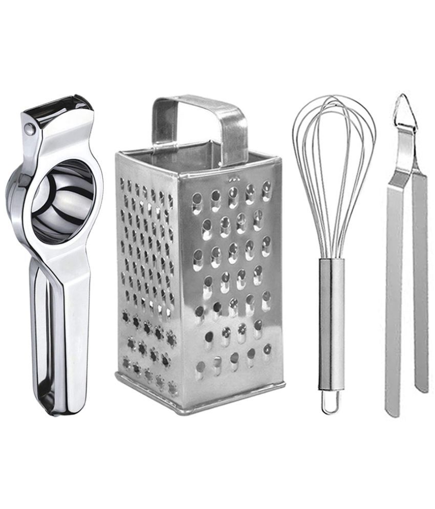     			OC9 Silver Stainless Steel Lemon Squeezer+8 in 1 Grater+Whisk+Chimta ( Set of 4 )