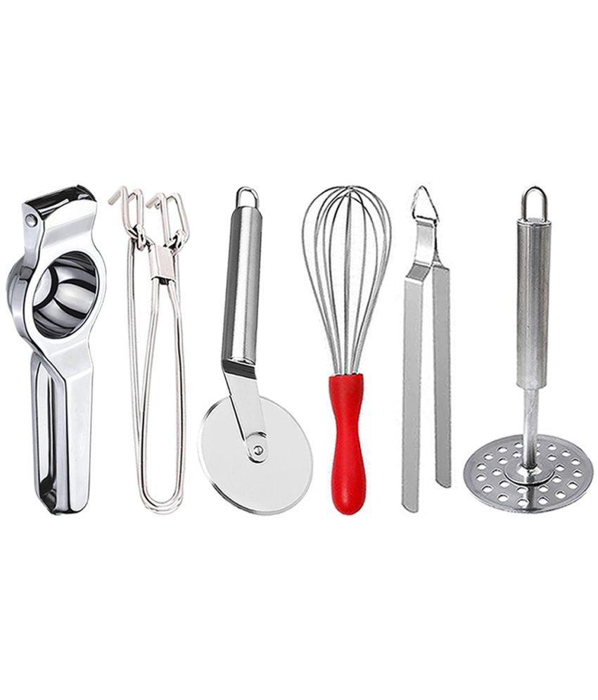     			OC9 Silver Stainless Steel Lemon+Pakkad+Pizza+Whisk+Chimta+Masher ( Set of 6 )