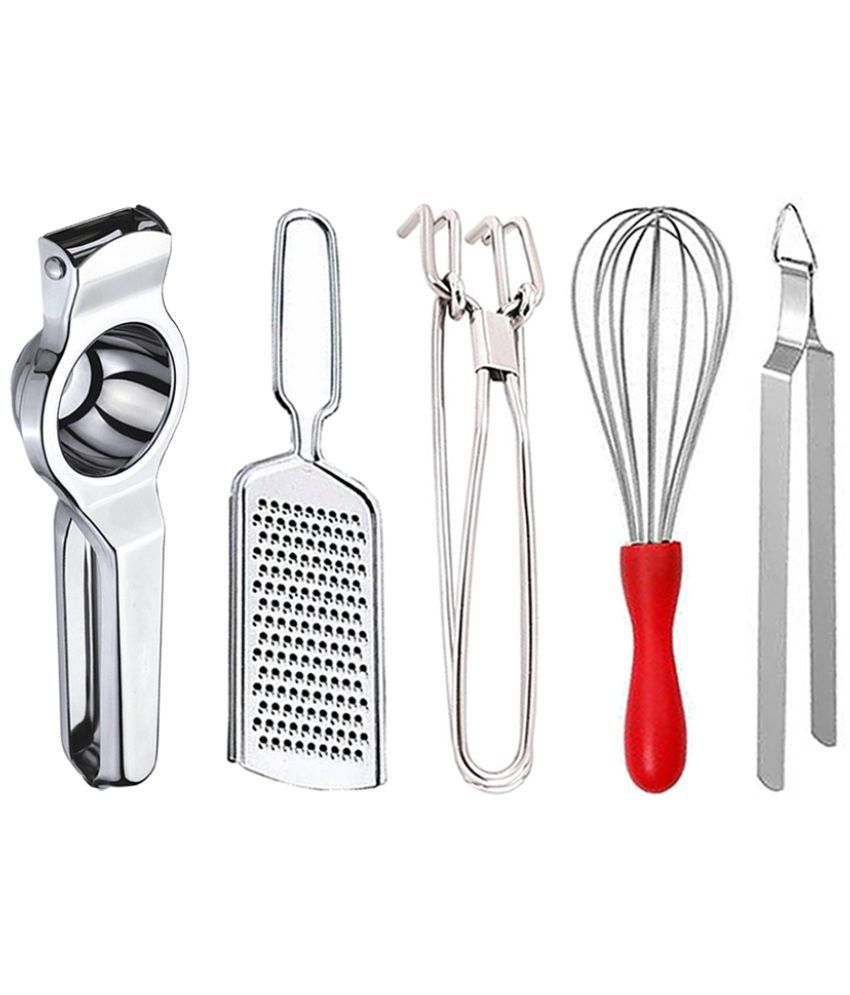     			OC9 Silver Stainless Steel Lemon+Cheese Grater+Pakkad+Whisk+Chimta ( Set of 5 )