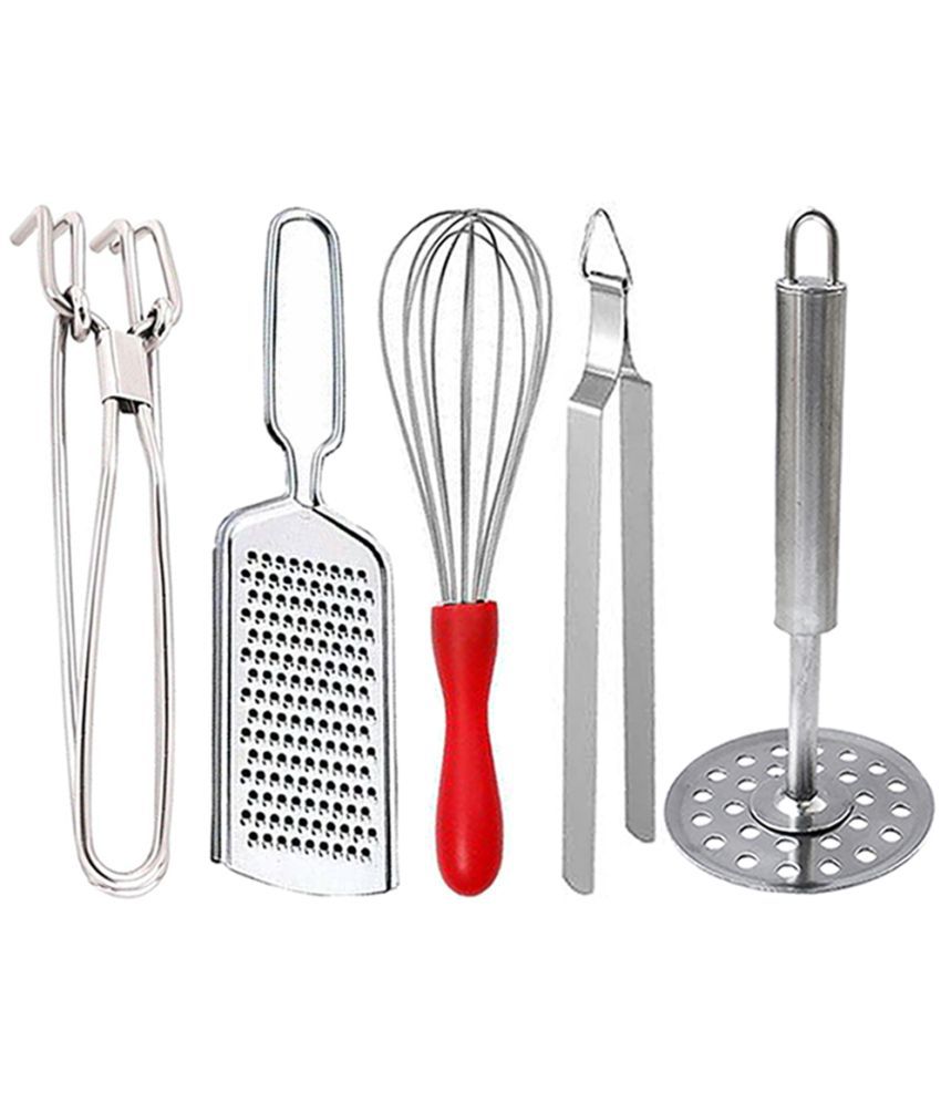     			OC9 Silver Stainless Steel Pakkad+Cheese Grater+Whisk+Chimta+Masher ( Set of 5 )