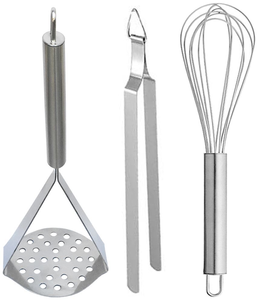     			OC9 Silver Stainless Steel Potato Masher+Chimta+Whisk ( Set of 3 )