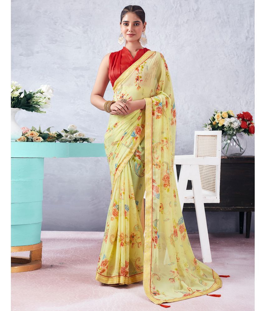     			Samah Chiffon Printed Saree With Blouse Piece - Yellow1 ( Pack of 1 )