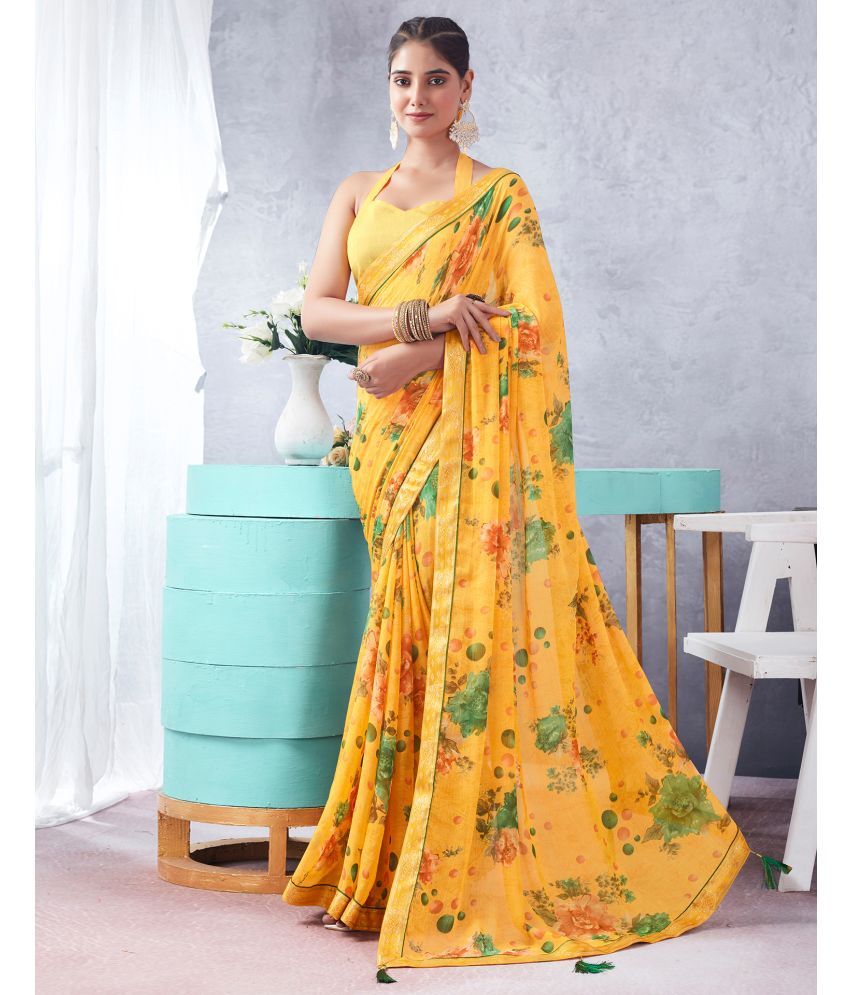     			Samah Chiffon Printed Saree With Blouse Piece - Yellow ( Pack of 1 )