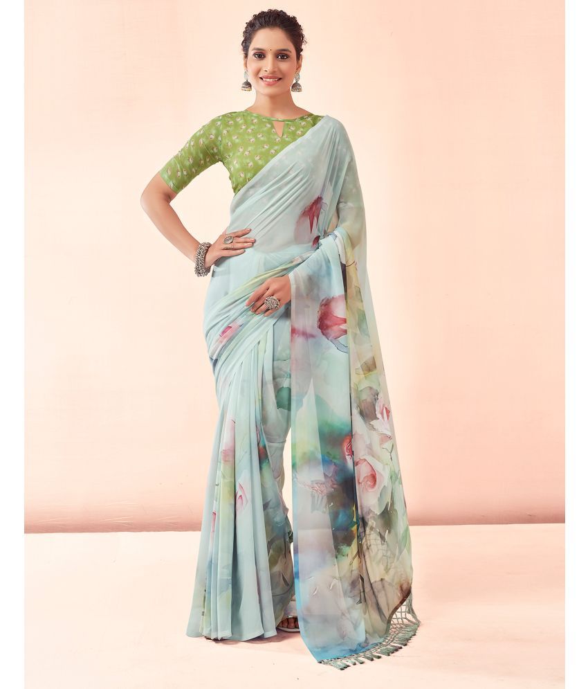     			Samah Georgette Printed Saree With Blouse Piece - SkyBlue ( Pack of 1 )