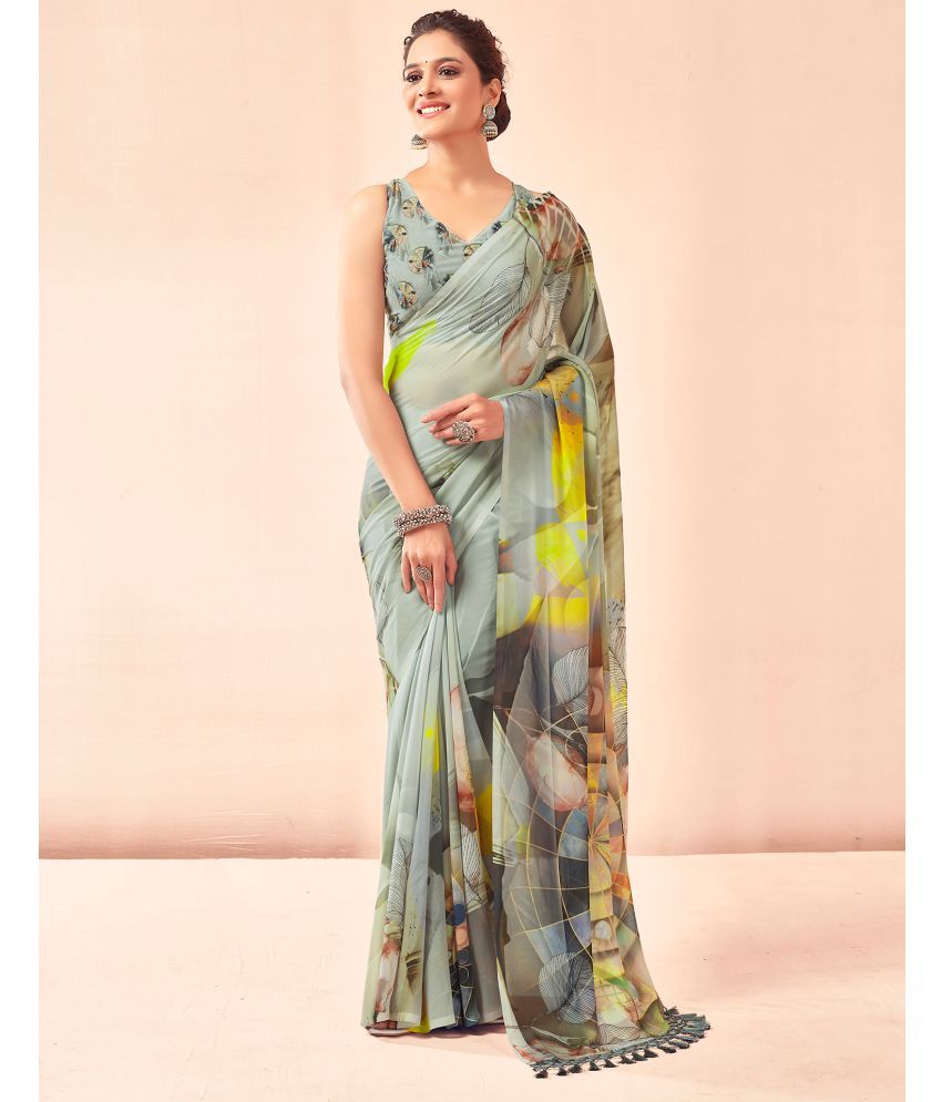     			Samah Georgette Printed Saree With Blouse Piece - Light Green ( Pack of 1 )