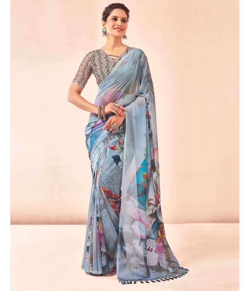     			Samah Georgette Printed Saree With Blouse Piece - Grey ( Pack of 1 )