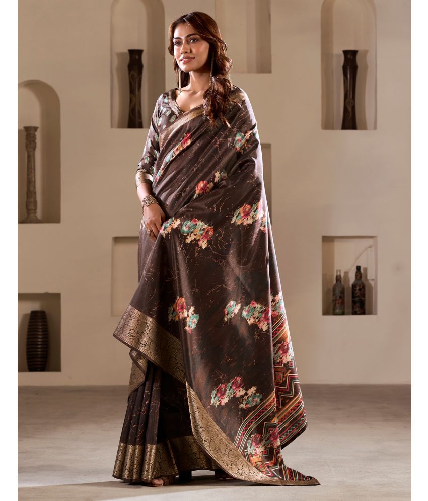     			Samah Silk Printed Saree With Blouse Piece - Brown ( Pack of 1 )