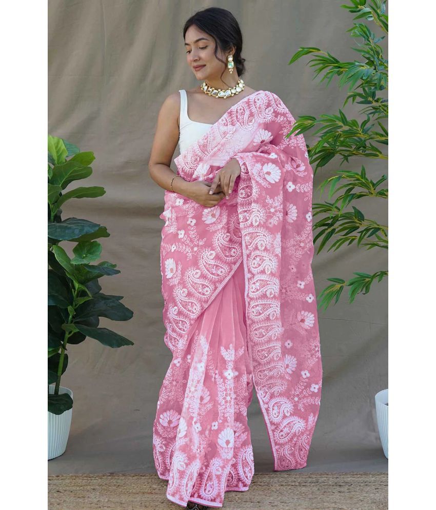     			Trijal Fab Georgette Embroidered Saree With Blouse Piece - Pink ( Pack of 1 )