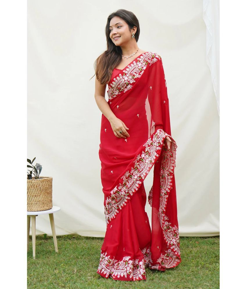     			Trijal Fab Georgette Embroidered Saree With Blouse Piece - Red ( Pack of 1 )