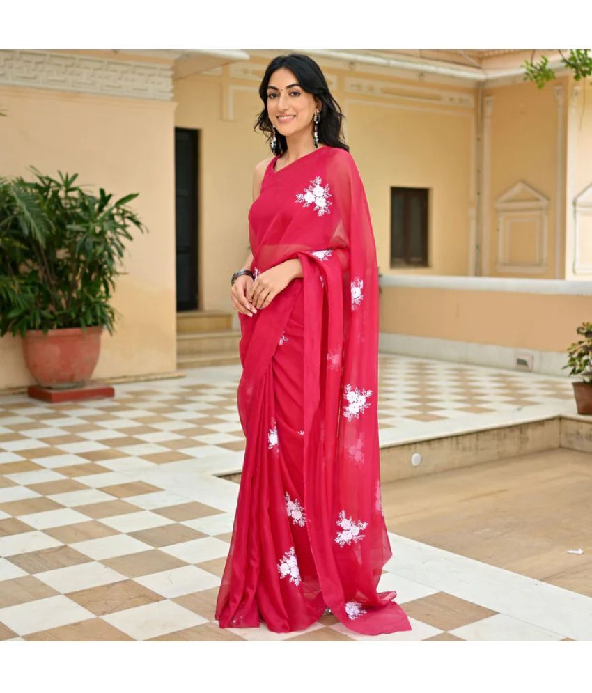     			Trijal Fab Georgette Embroidered Saree With Blouse Piece - Red ( Pack of 1 )