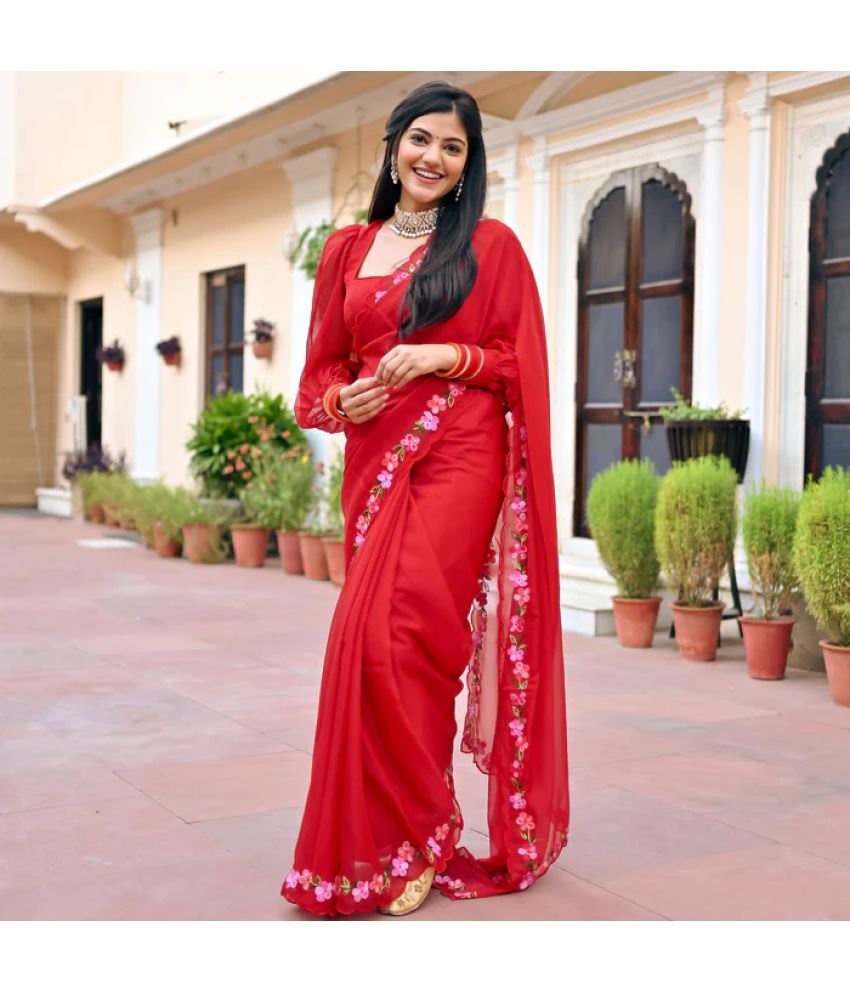     			Trijal Fab Georgette Embroidered Saree With Blouse Piece - Red ( Pack of 1 )