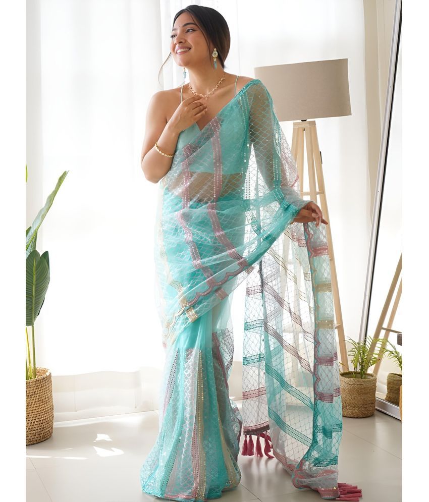     			Trijal Fab Net Embroidered Saree With Blouse Piece - Turquoise ( Pack of 1 )