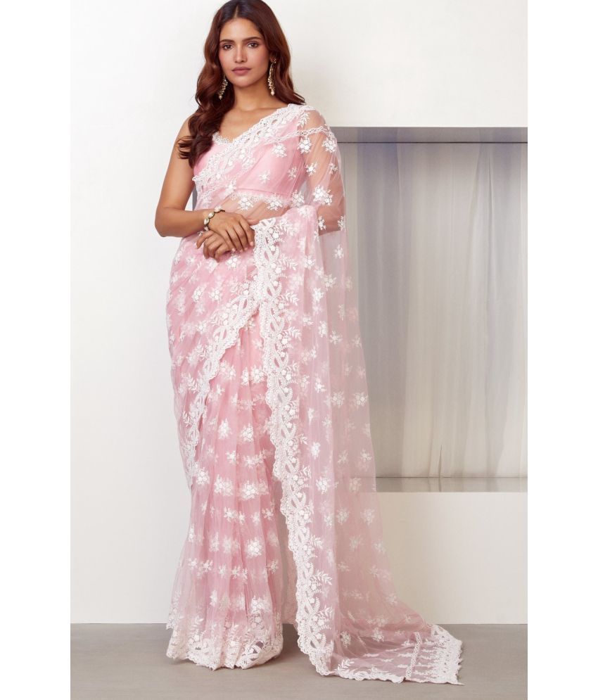     			Trijal Fab Organza Embroidered Saree With Blouse Piece - Pink ( Pack of 1 )