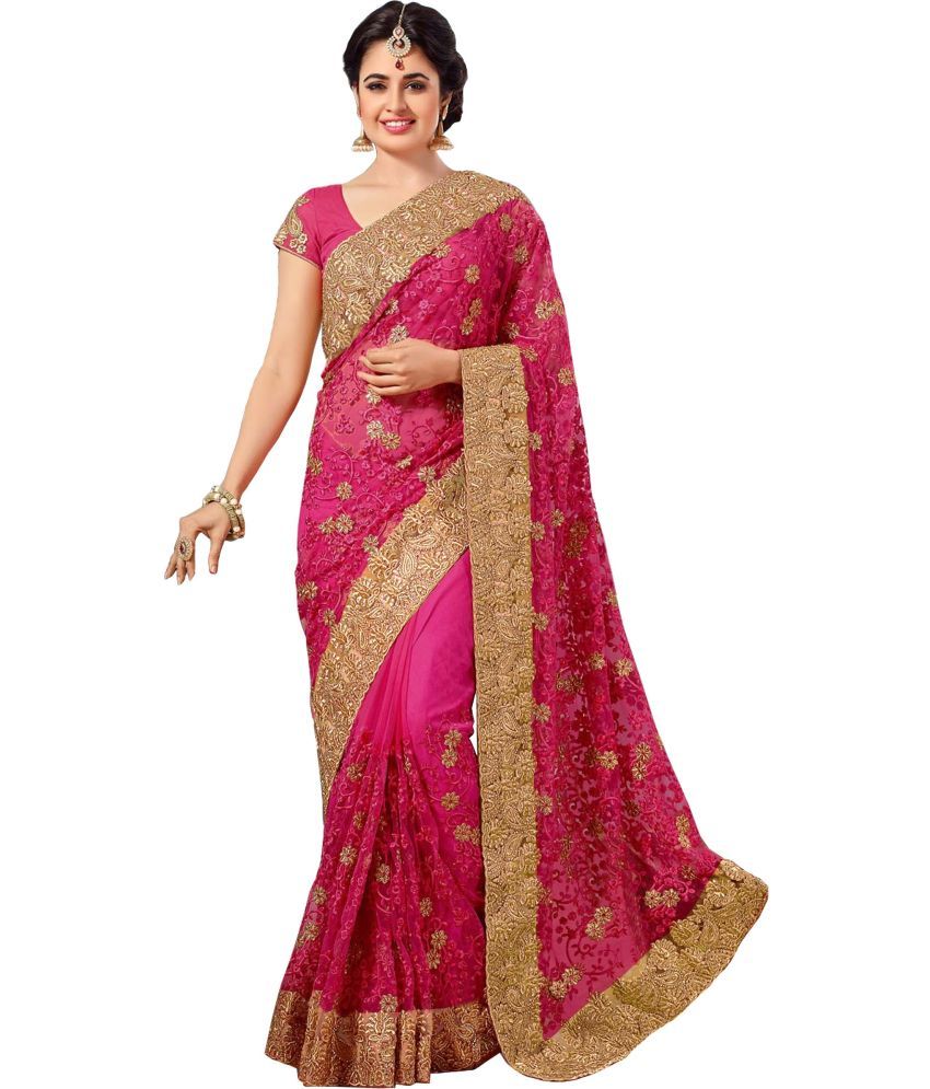     			Trijal Fab Silk Blend Embroidered Saree With Blouse Piece - Pink ( Pack of 1 )