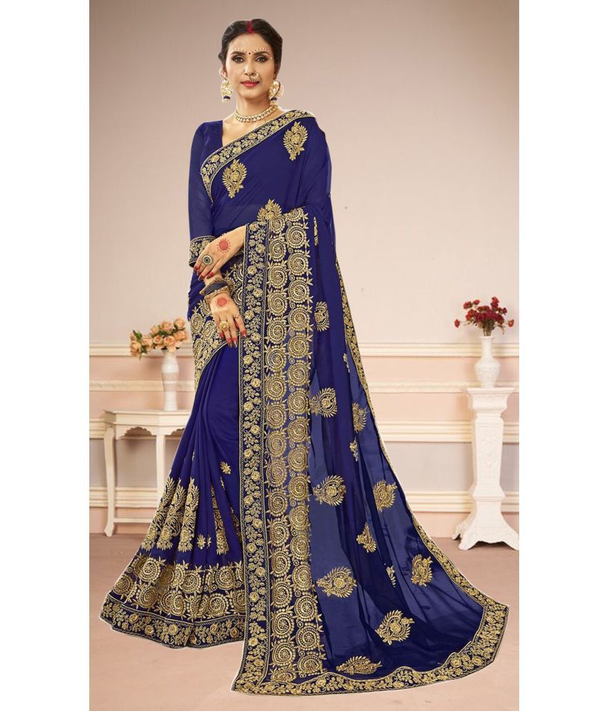     			Trijal Fab Silk Blend Embroidered Saree With Blouse Piece - Blue ( Pack of 1 )