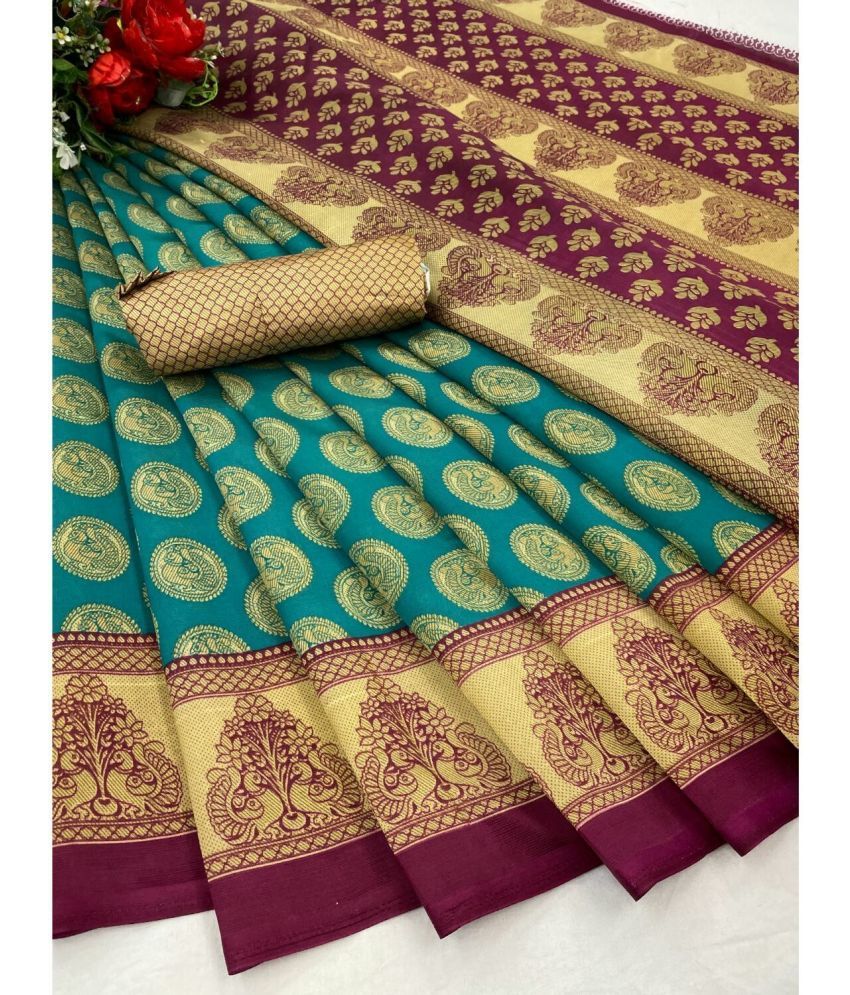     			Vkaran Cotton Silk Applique Saree Without Blouse Piece - Gold ( Pack of 1 )