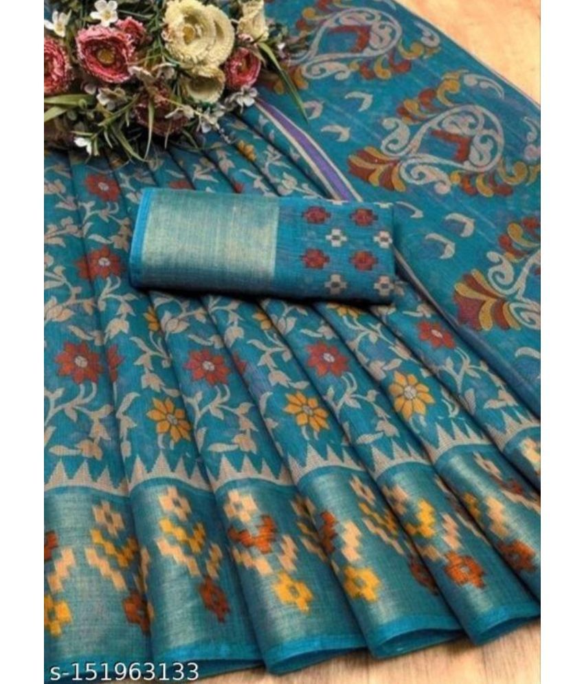     			Vkaran Cotton Silk Applique Saree Without Blouse Piece - Blue ( Pack of 1 )