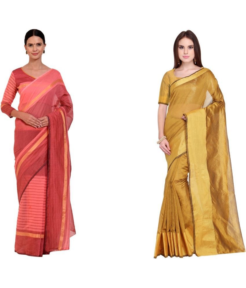     			Vkaran Cotton Silk Applique Saree Without Blouse Piece - Yellow ( Pack of 2 )