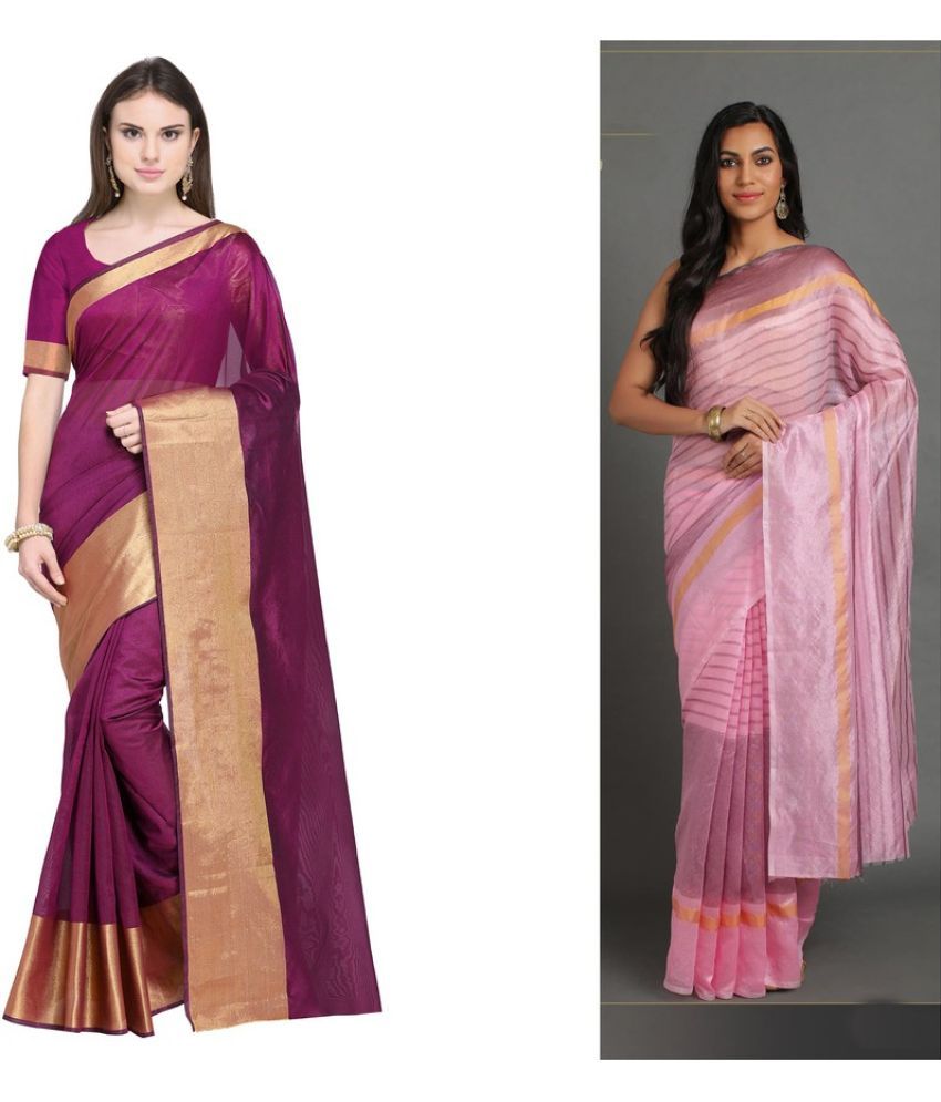     			Vkaran Cotton Silk Applique Saree Without Blouse Piece - Multicolor ( Pack of 3 )