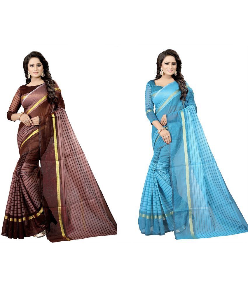     			Vkaran Cotton Silk Applique Saree Without Blouse Piece - Multicolor ( Pack of 2 )