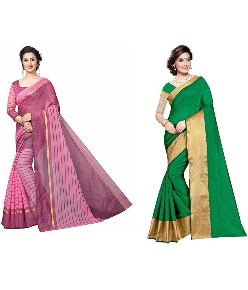     			Vkaran Cotton Silk Applique Saree Without Blouse Piece - Multicolor ( Pack of 2 )