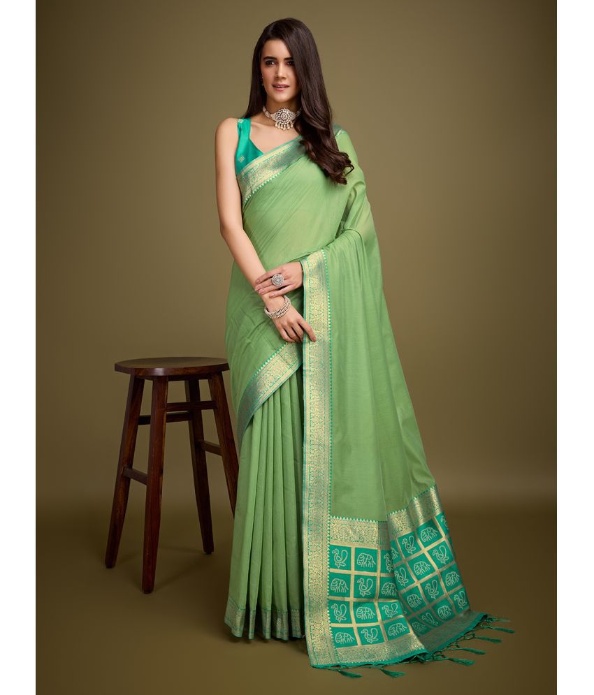     			Yogi Banarasi Silk Self Design Saree With Blouse Piece - Light Green ( Pack of 1 )
