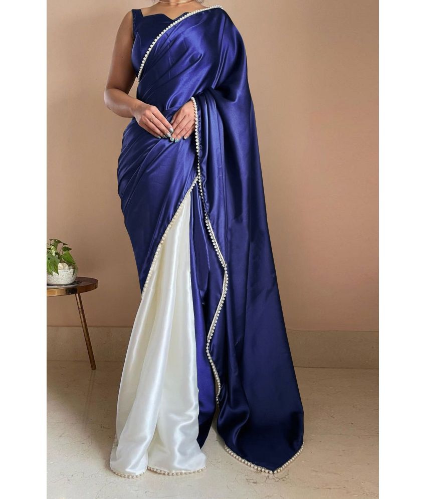     			Apnisha Satin Embellished Saree With Blouse Piece - Navy Blue ( Pack of 1 )