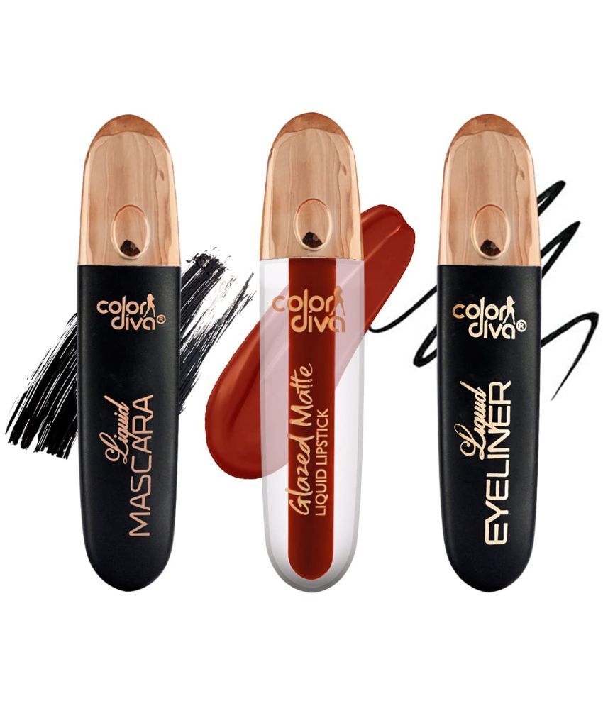     			COLOR DIVA Value Pack Combo, Glazed Matte Liquid Lipstick With Eyeliner & Mascara Pack Of 3