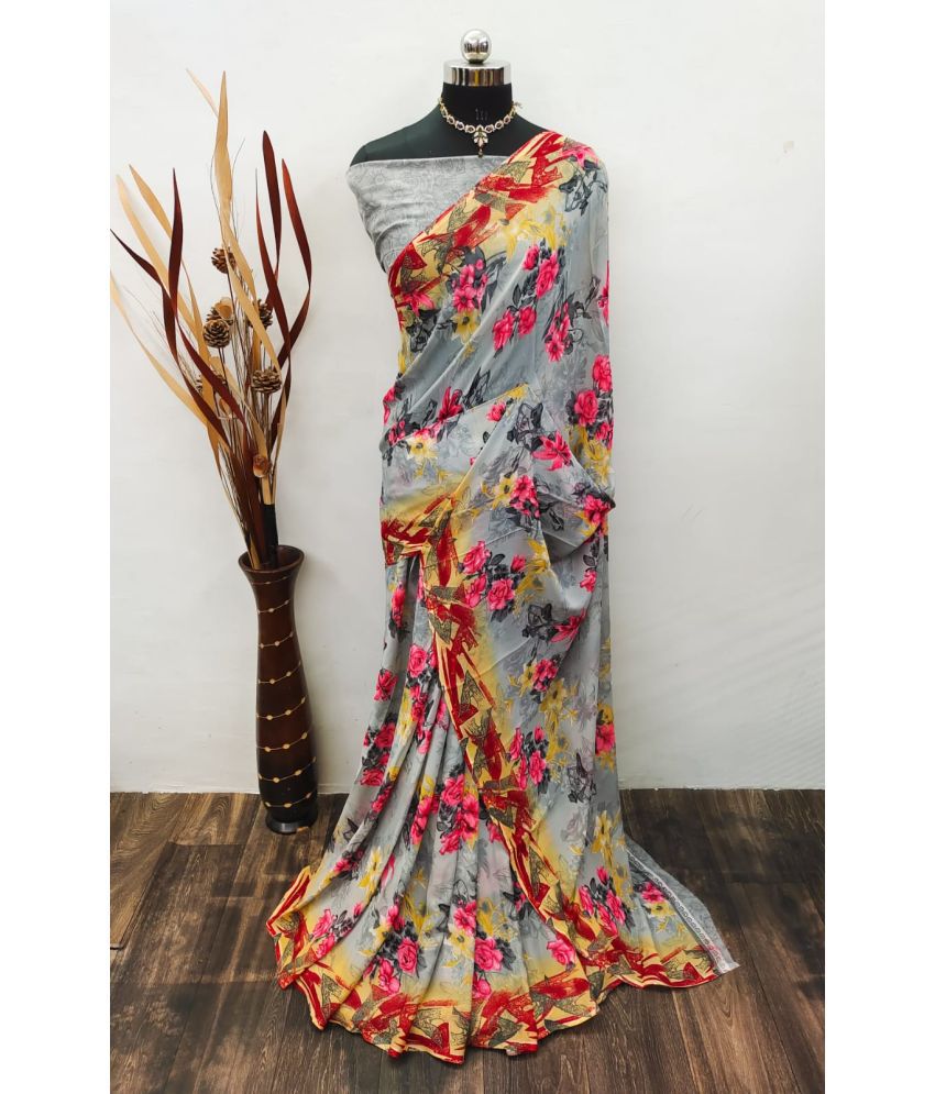     			Kanooda Prints Georgette Printed Saree With Blouse Piece - Grey ( Pack of 1 )