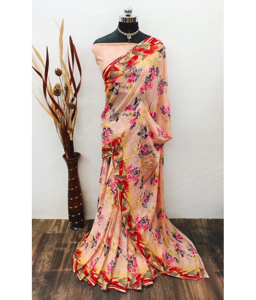     			Kanooda Prints Georgette Printed Saree With Blouse Piece - Peach ( Pack of 1 )