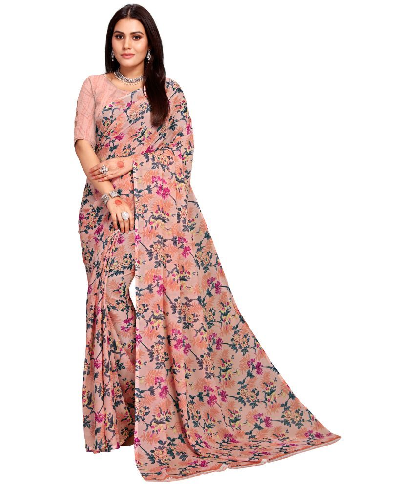     			Kanooda Prints Georgette Printed Saree With Blouse Piece - Peach ( Pack of 1 )