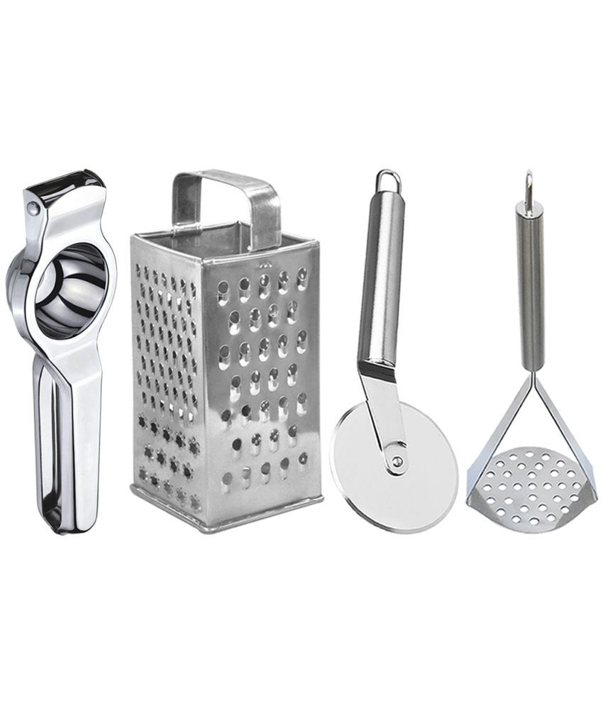     			OC9 Silver Stainless Steel Lemon Squeezer+8in1 Grater+Pizza Cutter+Masher ( Set of 4 )