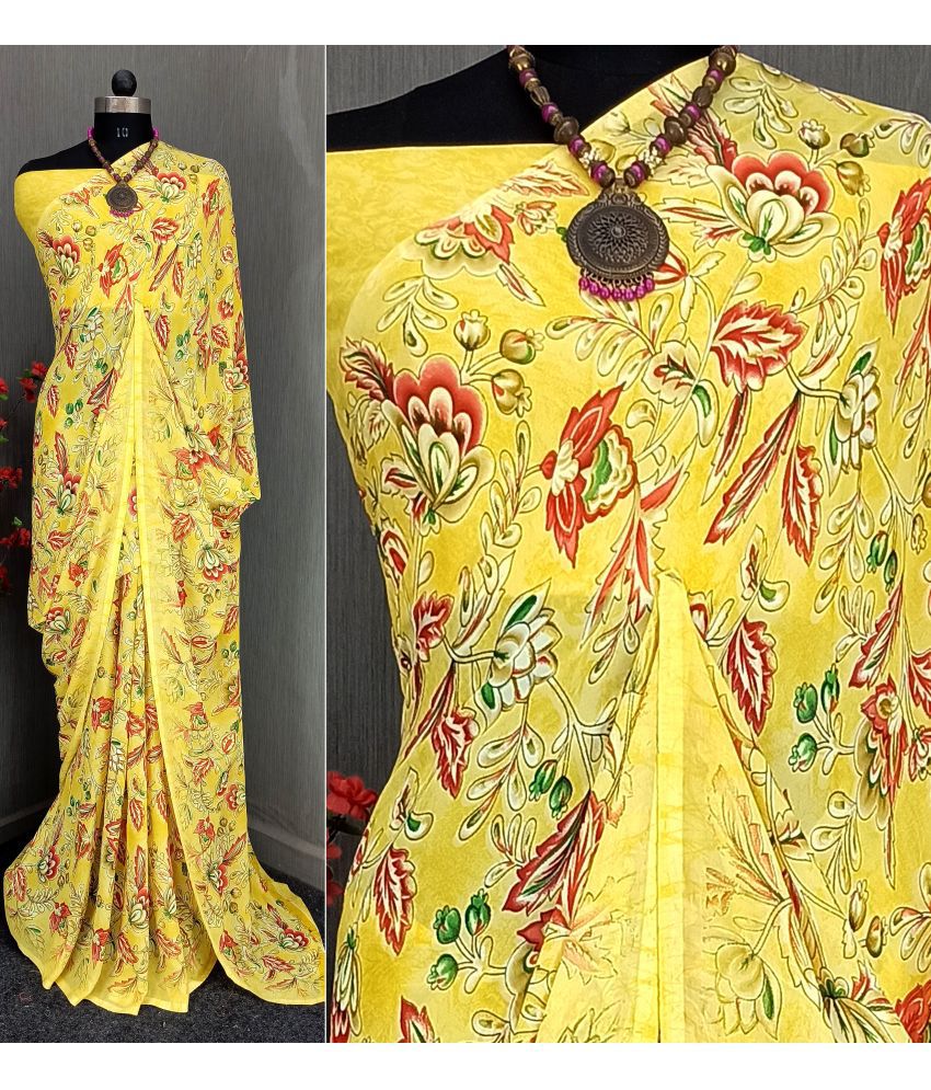     			Rekha Maniyar Georgette Printed Saree With Blouse Piece - Yellow ( Pack of 1 )
