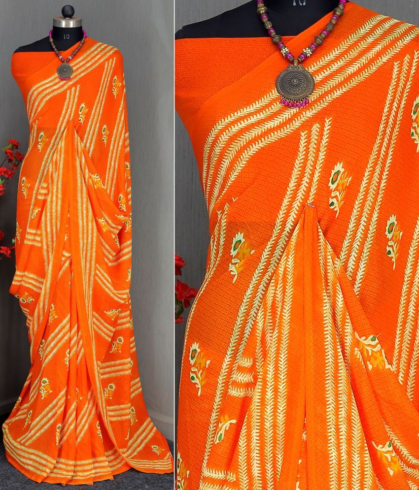     			Rekha Maniyar Georgette Printed Saree With Blouse Piece - Orange ( Pack of 1 )