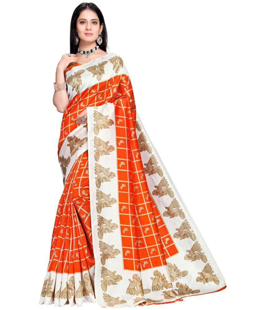     			Rekha Maniyar Silk Printed Saree With Blouse Piece - Orange ( Pack of 1 )