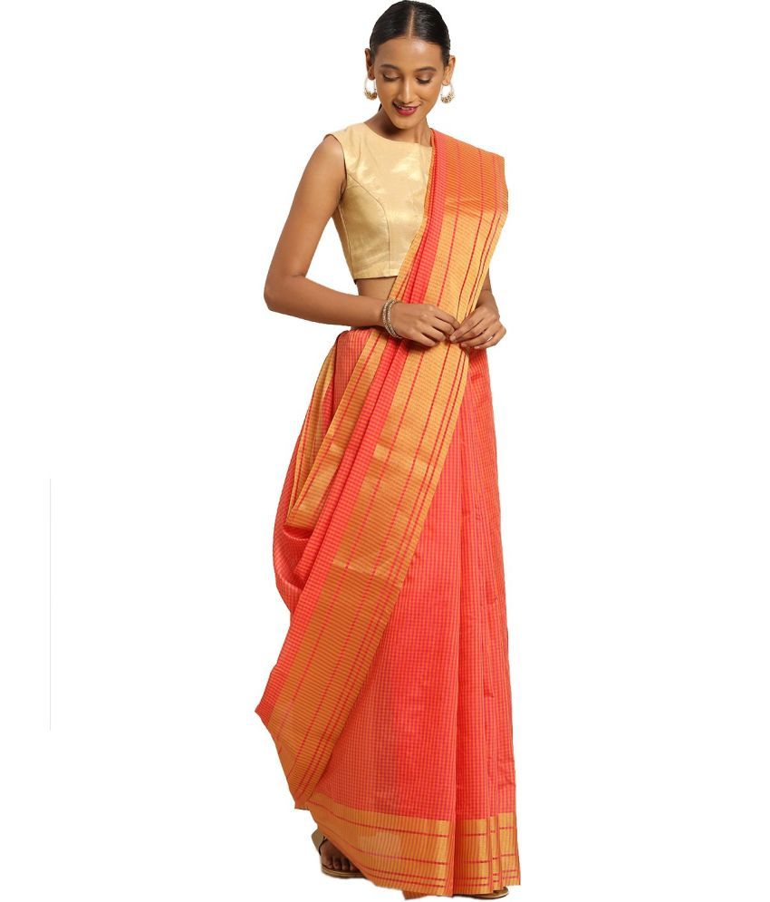     			Saadhvi Cotton Silk Applique Saree Without Blouse Piece - Orange ( Pack of 1 )