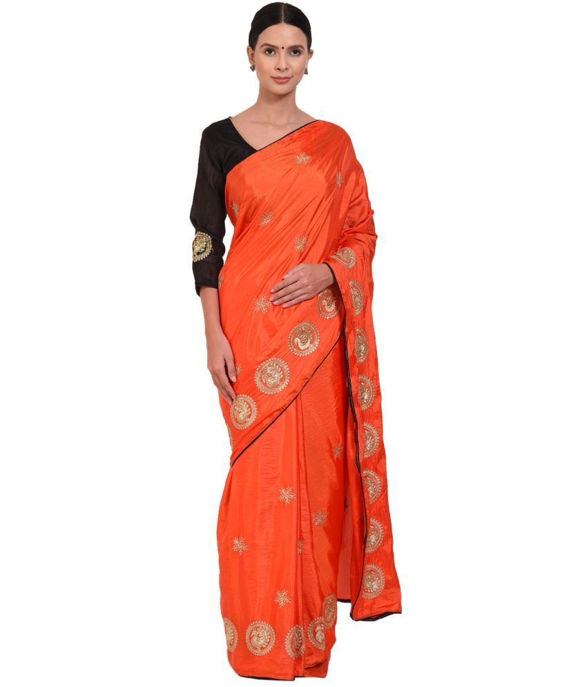     			Saadhvi Cotton Silk Applique Saree Without Blouse Piece - Orange ( Pack of 1 )