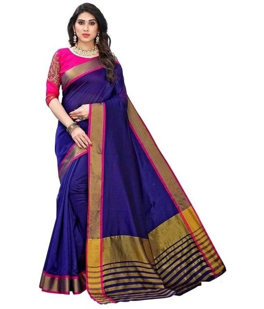     			Saadhvi Cotton Silk Printed Saree Without Blouse Piece - Blue ( Pack of 1 )