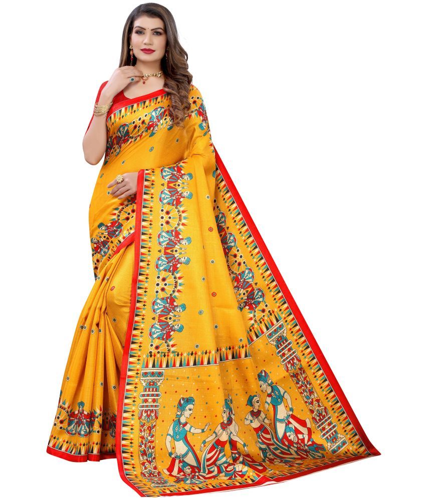     			Saadhvi Cotton Silk Printed Saree Without Blouse Piece - Yellow ( Pack of 1 )