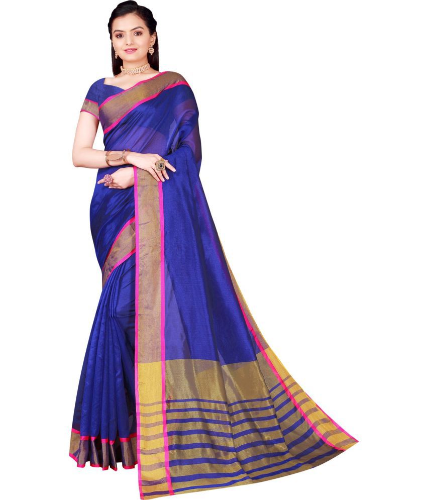     			Saadhvi Cotton Silk Printed Saree Without Blouse Piece - Blue ( Pack of 1 )